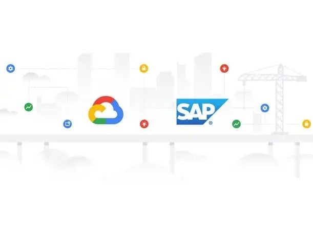 Google Cloud and SAP logos superimposed on an industrial background