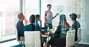 People around a meeting table talking